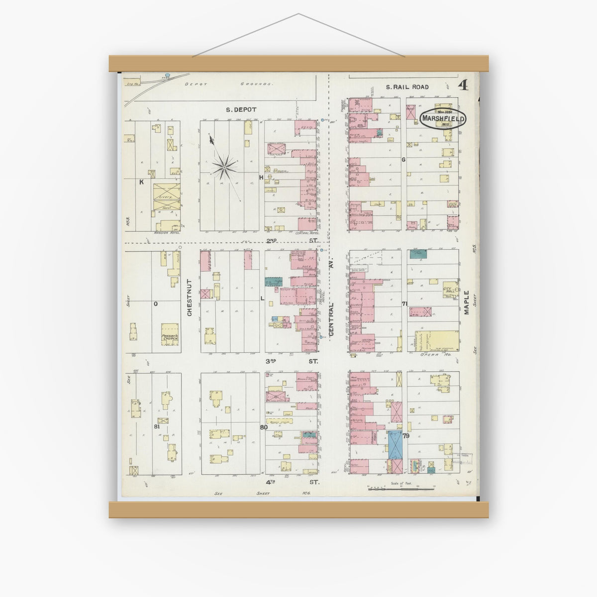Old map wall art mockup — magnetic wood frame on white wall — Sanborn Fire Insurance Map from Marshfield, Wood County, Wisconsin (1891), Sheet #0004