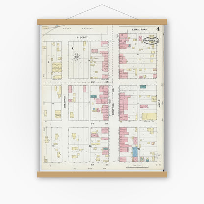Old map wall art mockup — magnetic wood frame on white wall — Sanborn Fire Insurance Map from Marshfield, Wood County, Wisconsin (1891), Sheet #0004