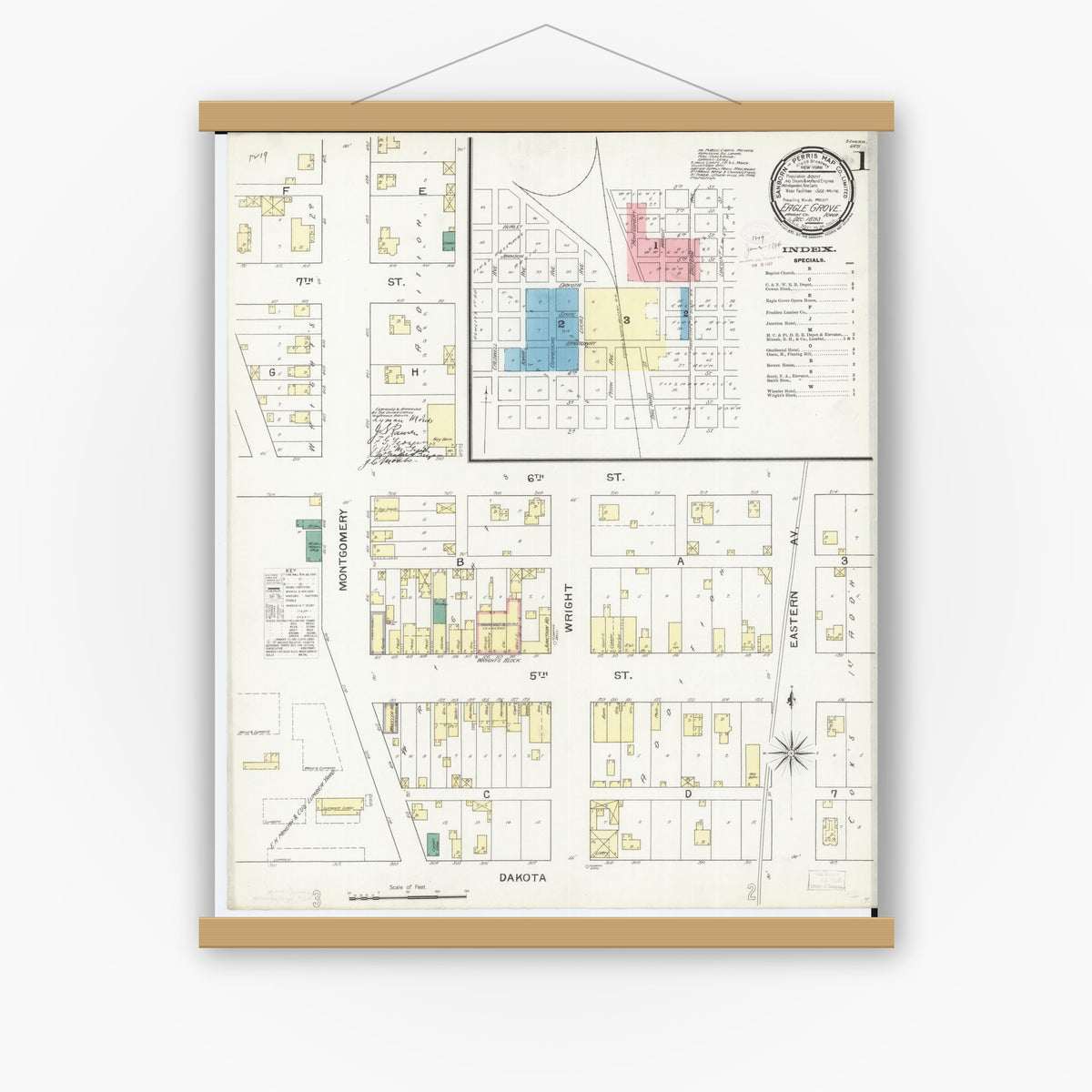 Old map wall art mockup — magnetic wood frame on white wall — Sanborn Fire Insurance Map from Eagle Grove, Wright County, Iowa (1893) â€” Complete Set