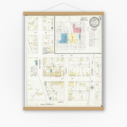 Old map wall art mockup — magnetic wood frame on white wall — Sanborn Fire Insurance Map from Eagle Grove, Wright County, Iowa (1893) â€” Complete Set