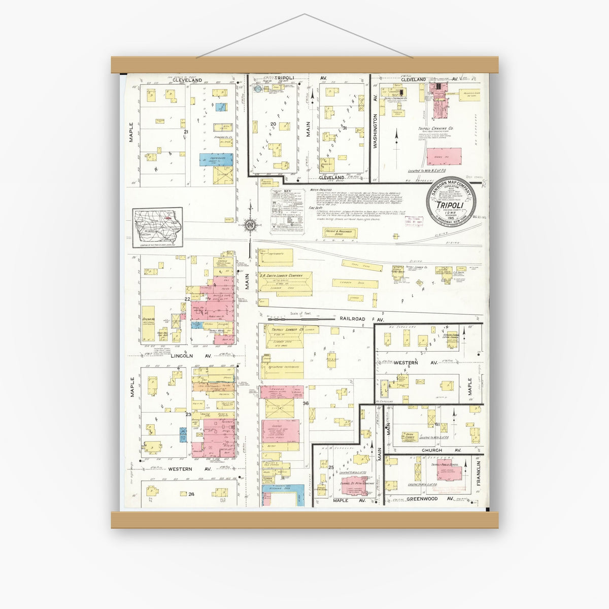 Old map wall art mockup — magnetic wood frame on white wall — Sanborn Fire Insurance Map from Tripoli, Bremer County, Iowa (1915), Sheet #0001