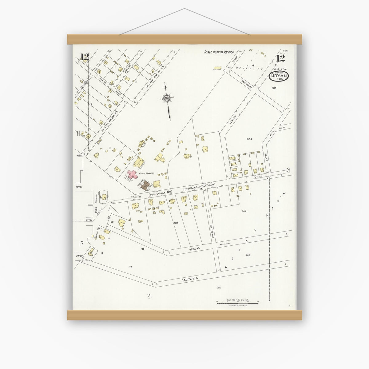 Old map wall art mockup — magnetic wood frame on white wall — Sanborn Fire Insurance Map from Bryan, Brazos County, Texas (1925), Sheet #0012