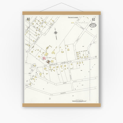 Old map wall art mockup — magnetic wood frame on white wall — Sanborn Fire Insurance Map from Bryan, Brazos County, Texas (1925), Sheet #0012