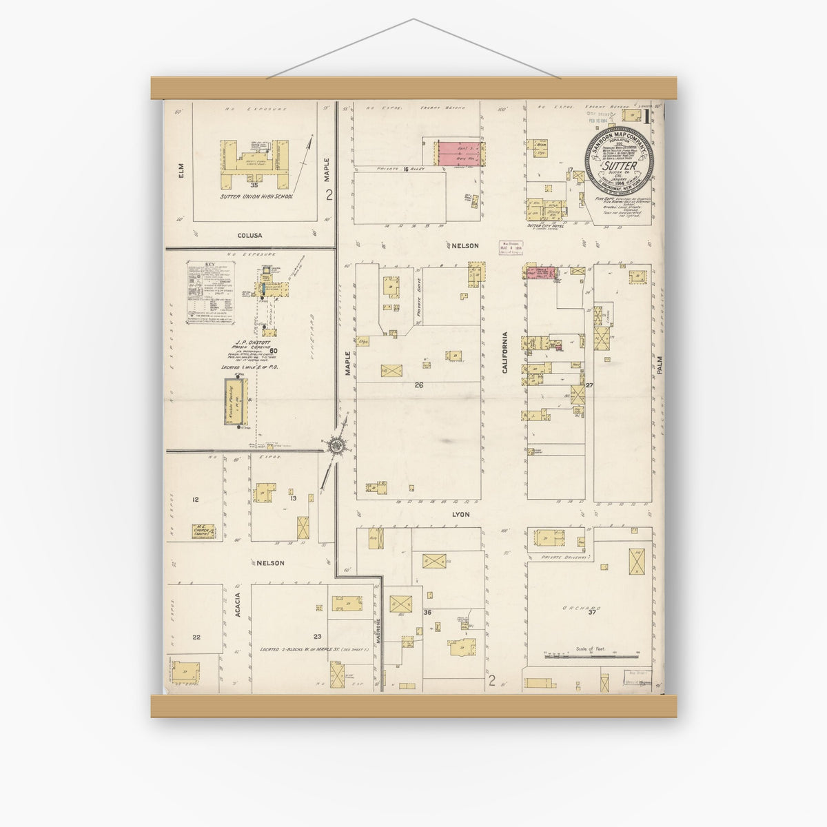 Old map wall art mockup — magnetic wood frame on white wall — Sanborn Fire Insurance Map from Sutter, Sutter County, California (1914) - Complete Map Set