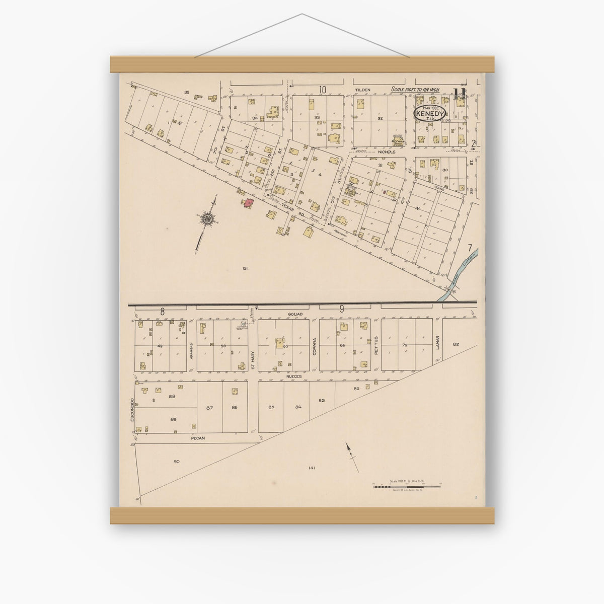 Old map wall art mockup — magnetic wood frame on white wall — Sanborn Fire Insurance Map from Kenedy, Karnes County, Texas (1922), Sheet #0011