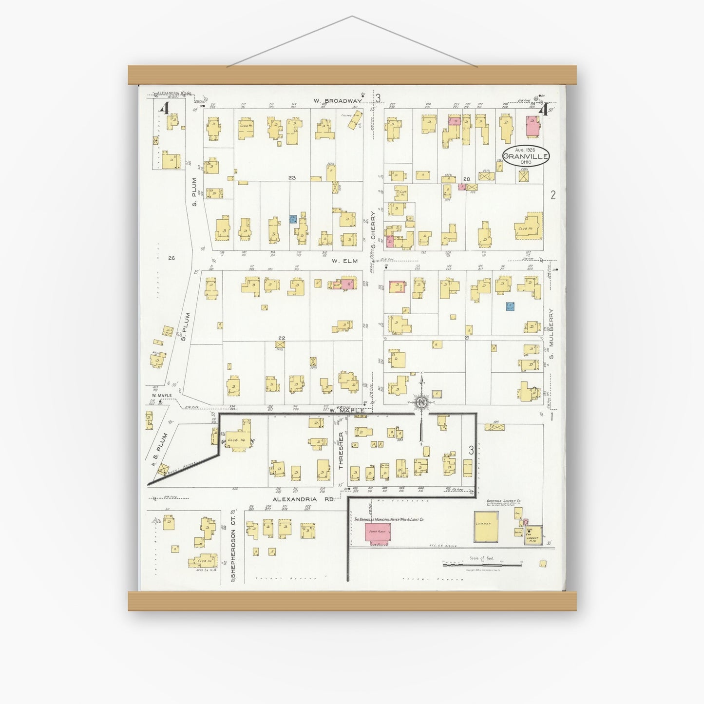 Old map wall art mockup — magnetic wood frame on white wall — Sanborn Fire Insurance Map from Granville, Licking County, Ohio (1926), Sheet #0004