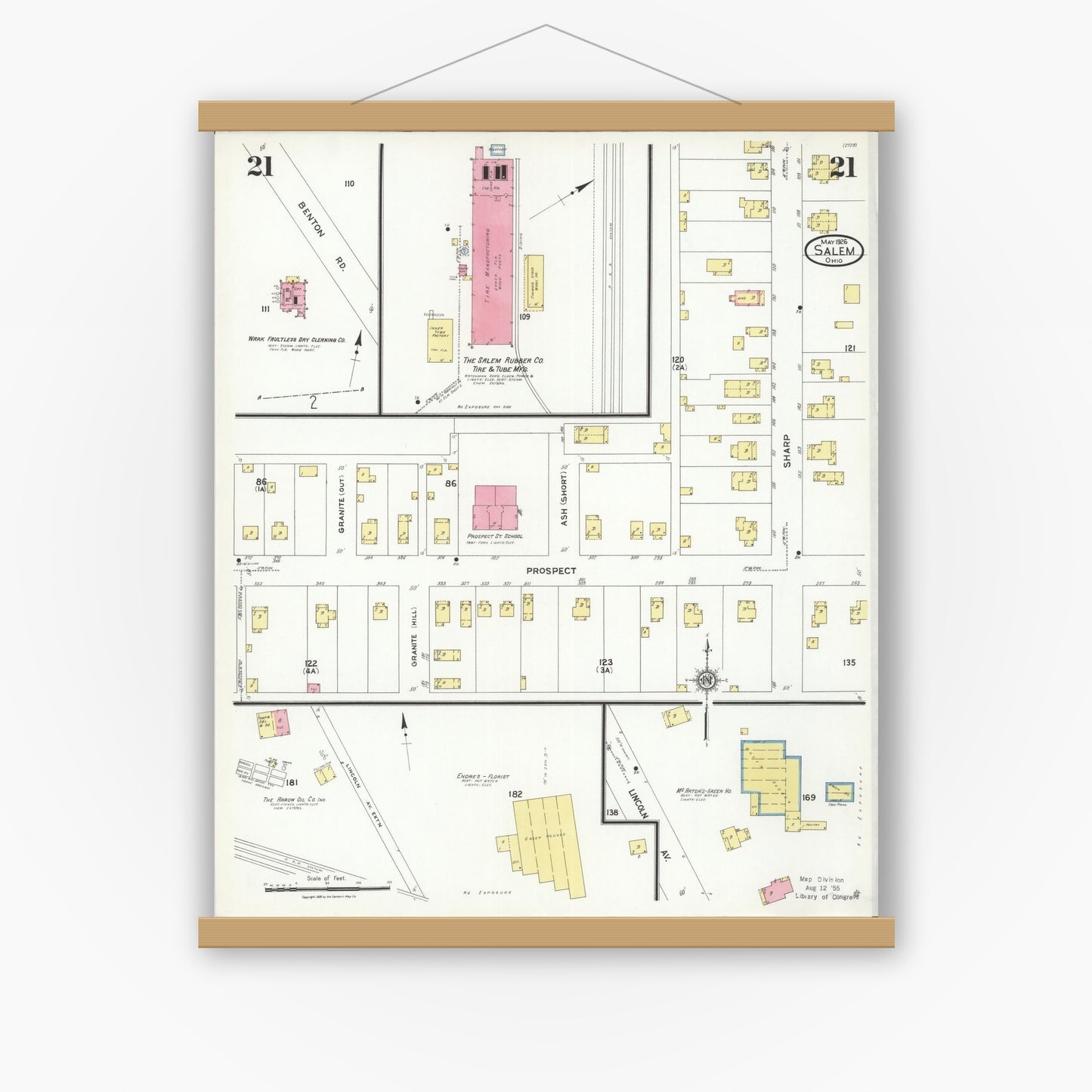 Old map wall art mockup — magnetic wood frame on white wall — Sanborn Fire Insurance Map from Salem, Columbiana County, Ohio (1926), Sheet #0021