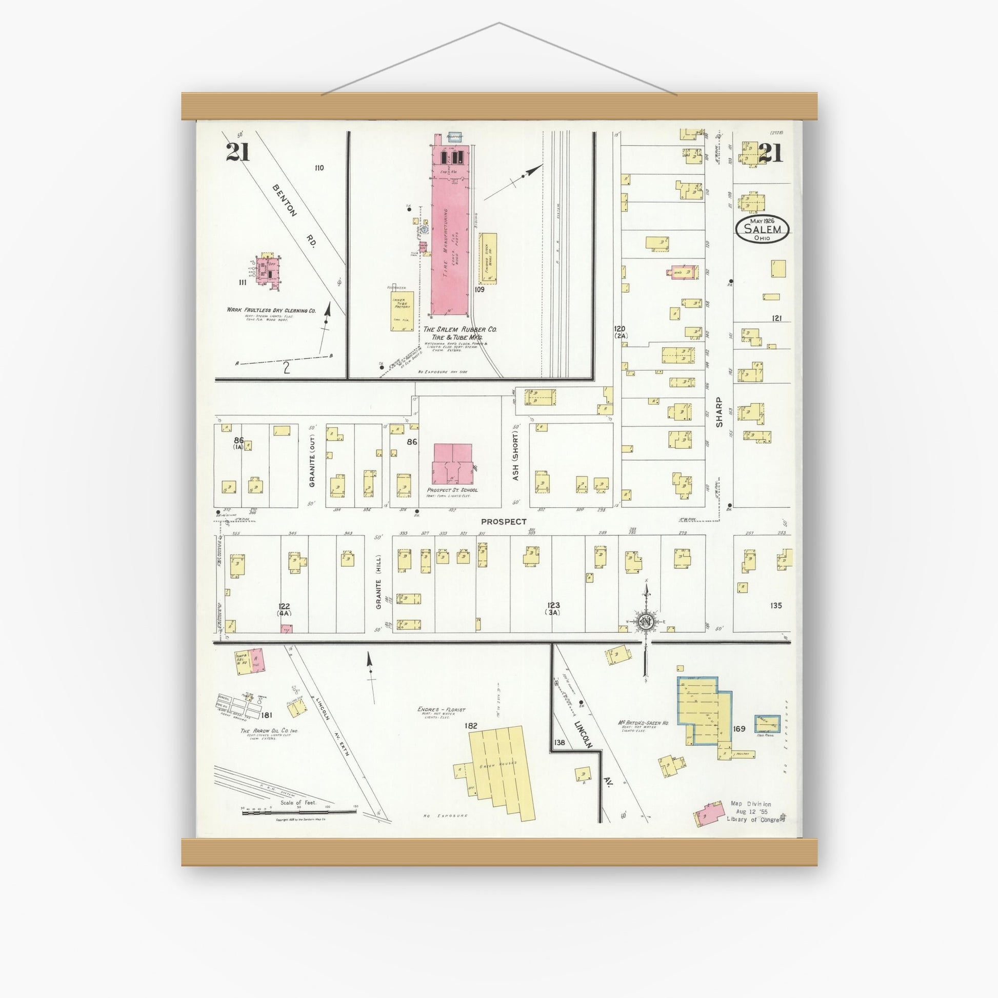 Old map wall art mockup — magnetic wood frame on white wall — Sanborn Fire Insurance Map from Salem, Columbiana County, Ohio (1926), Sheet #0021