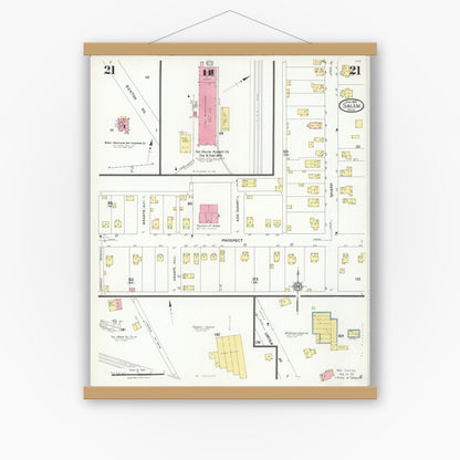 Old map wall art mockup — magnetic wood frame on white wall — Sanborn Fire Insurance Map from Salem, Columbiana County, Ohio (1926), Sheet #0021