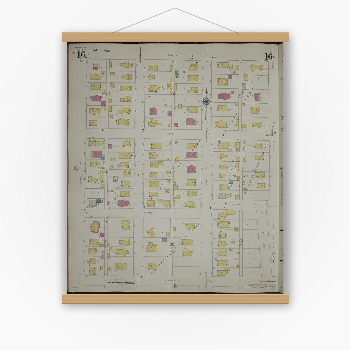 Old map wall art mockup — magnetic wood frame on white wall — Sanborn Fire Insurance Map from Herrin, Williamson County, Illinois (1947), Sheet #0016