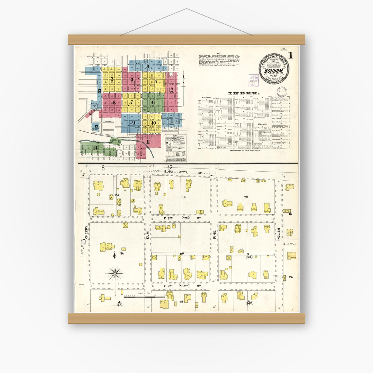 Old map wall art mockup — magnetic wood frame on white wall — Sanborn Fire Insurance Map from Bonham, Fannin County, Texas (1902), Sheet #0001