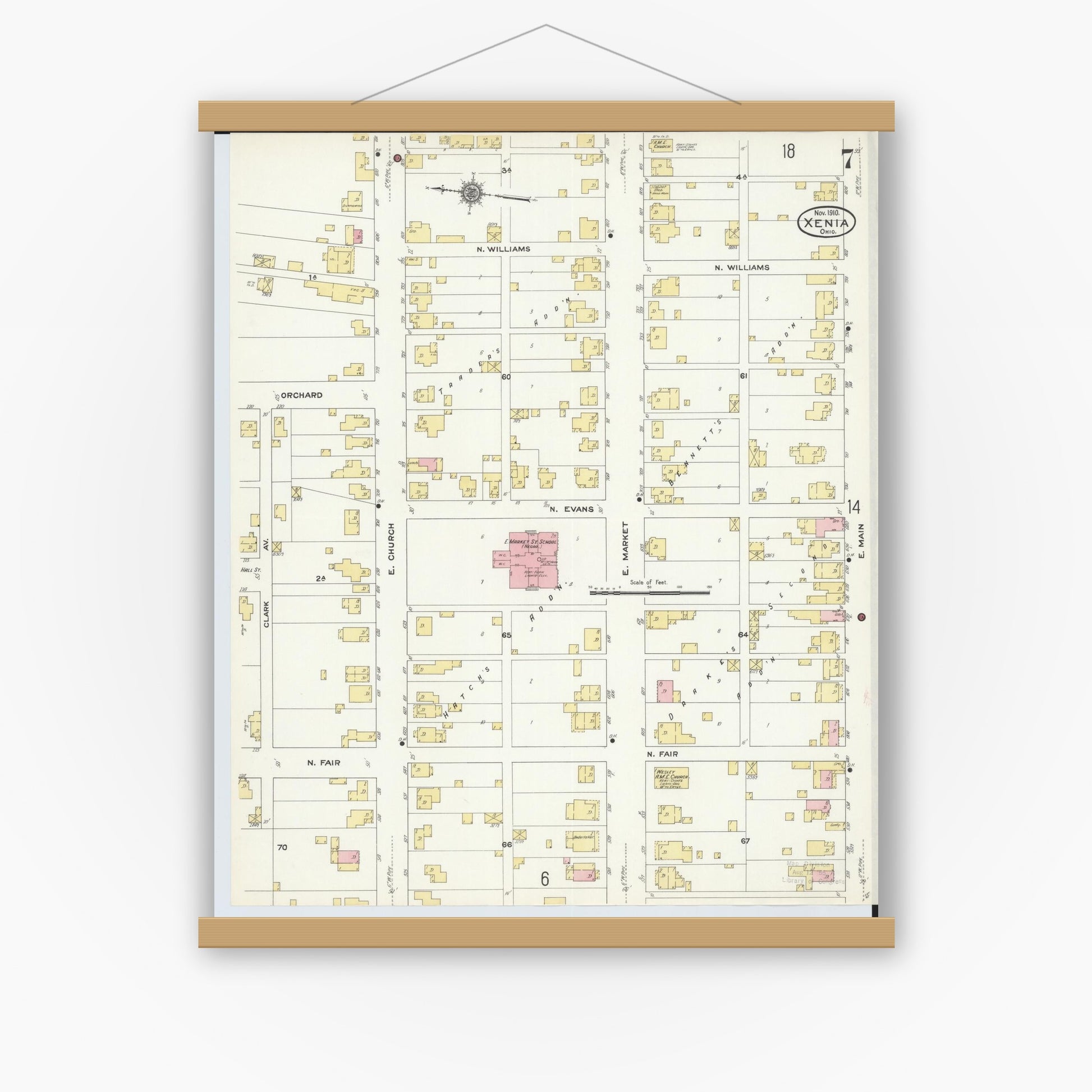Old map wall art mockup — magnetic wood frame on white wall — Sanborn Fire Insurance Map from Xenia, Greene County, Ohio (1910), Sheet #0007