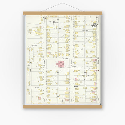 Old map wall art mockup — magnetic wood frame on white wall — Sanborn Fire Insurance Map from Xenia, Greene County, Ohio (1910), Sheet #0007