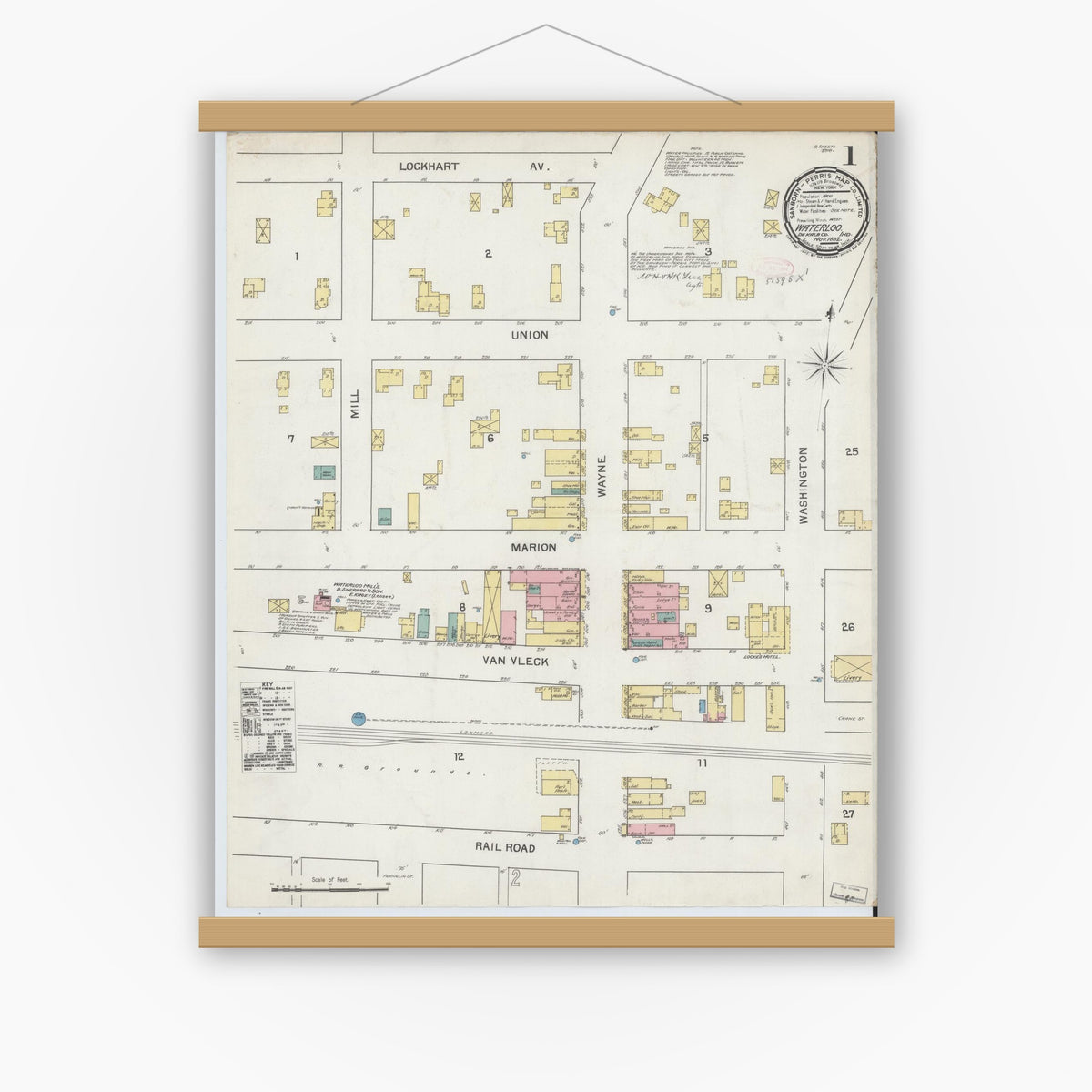 Old map wall art mockup — magnetic wood frame on white wall — Sanborn Fire Insurance Map from Waterloo, De Kalb County, Indiana (1892), Sheet #0001