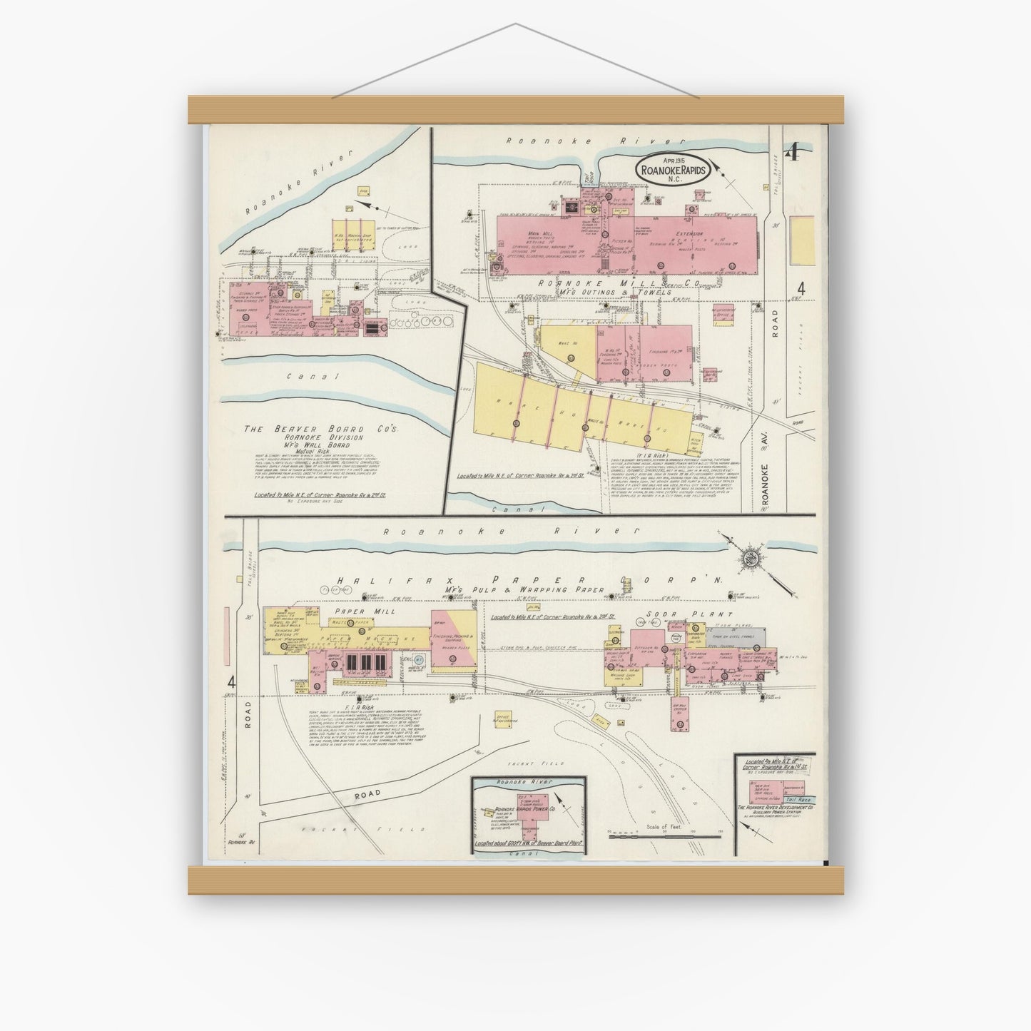 Old map wall art mockup — magnetic wood frame on white wall — Sanborn Fire Insurance Map from Roanoke Rapids, Halifax County, North Carolina (1915), Sheet #0004