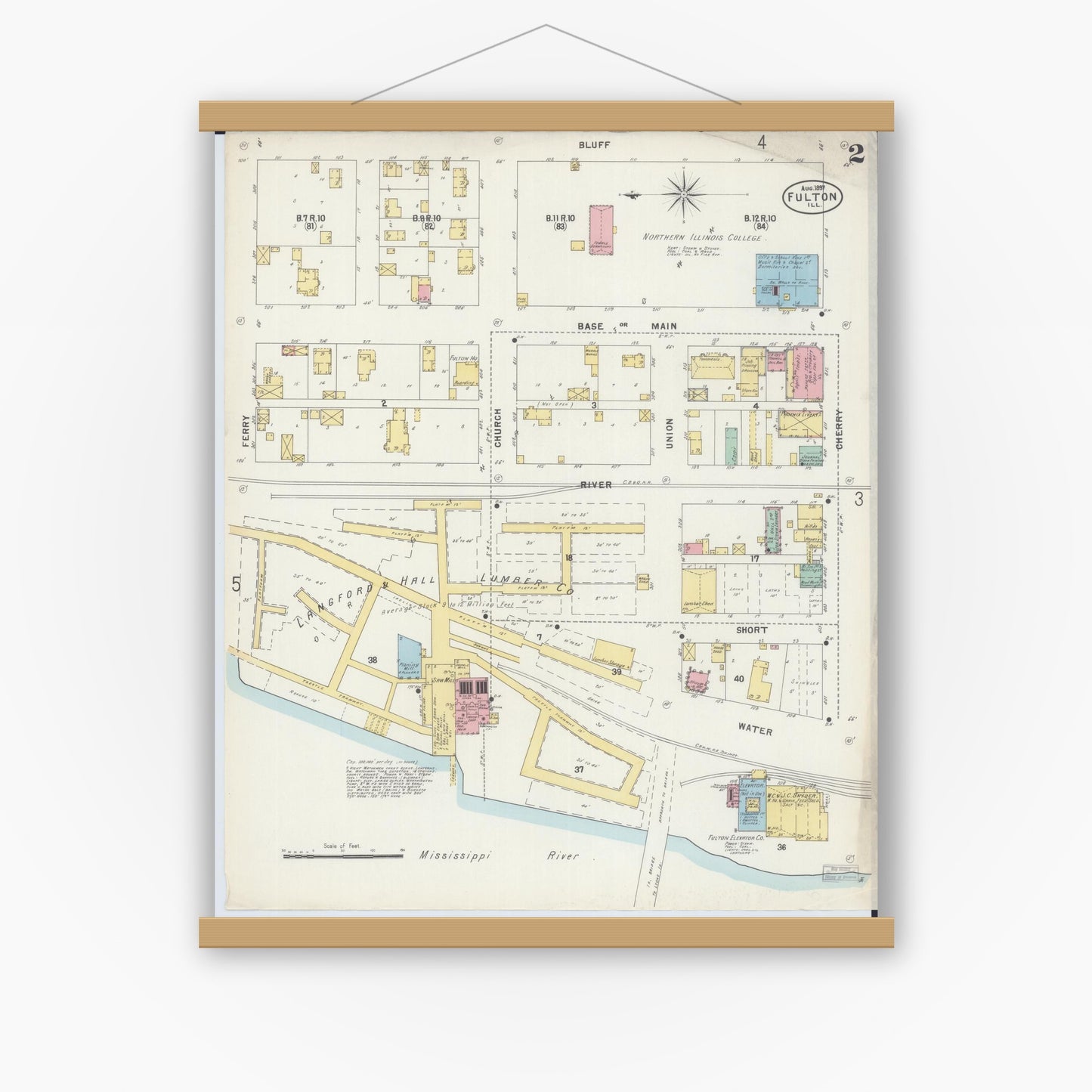 Old map wall art mockup — magnetic wood frame on white wall — Sanborn Fire Insurance Map from Fulton, Whiteside County, Illinois (1897), Sheet #0002