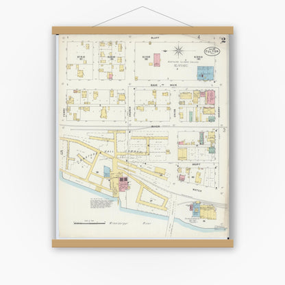 Old map wall art mockup — magnetic wood frame on white wall — Sanborn Fire Insurance Map from Fulton, Whiteside County, Illinois (1897), Sheet #0002