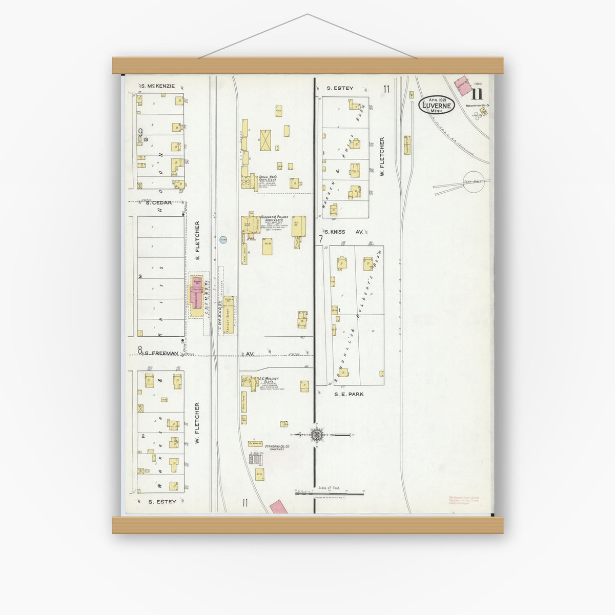 Old map wall art mockup — magnetic wood frame on white wall — Sanborn Fire Insurance Map from Luverne, Rock County, Minnesota (1921), Sheet #0011