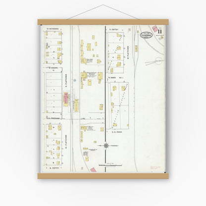 Old map wall art mockup — magnetic wood frame on white wall — Sanborn Fire Insurance Map from Luverne, Rock County, Minnesota (1921), Sheet #0011
