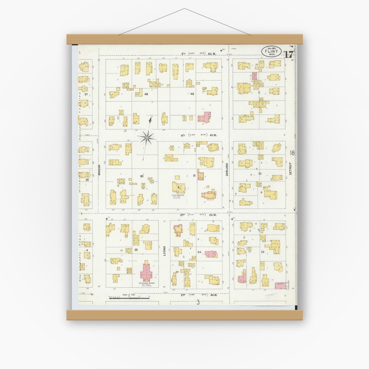 Old map wall art mockup — magnetic wood frame on white wall — Sanborn Fire Insurance Map from Flint, Genesee County, Michigan (1902), Sheet #0017