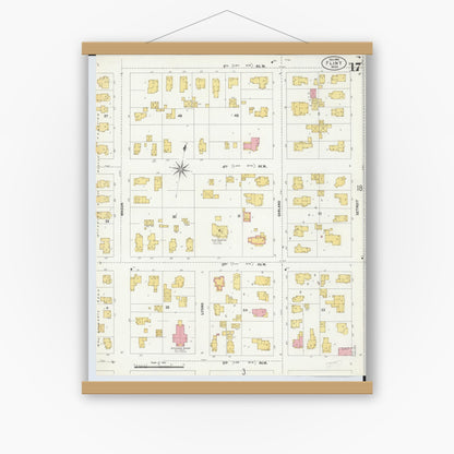 Old map wall art mockup — magnetic wood frame on white wall — Sanborn Fire Insurance Map from Flint, Genesee County, Michigan (1902), Sheet #0017