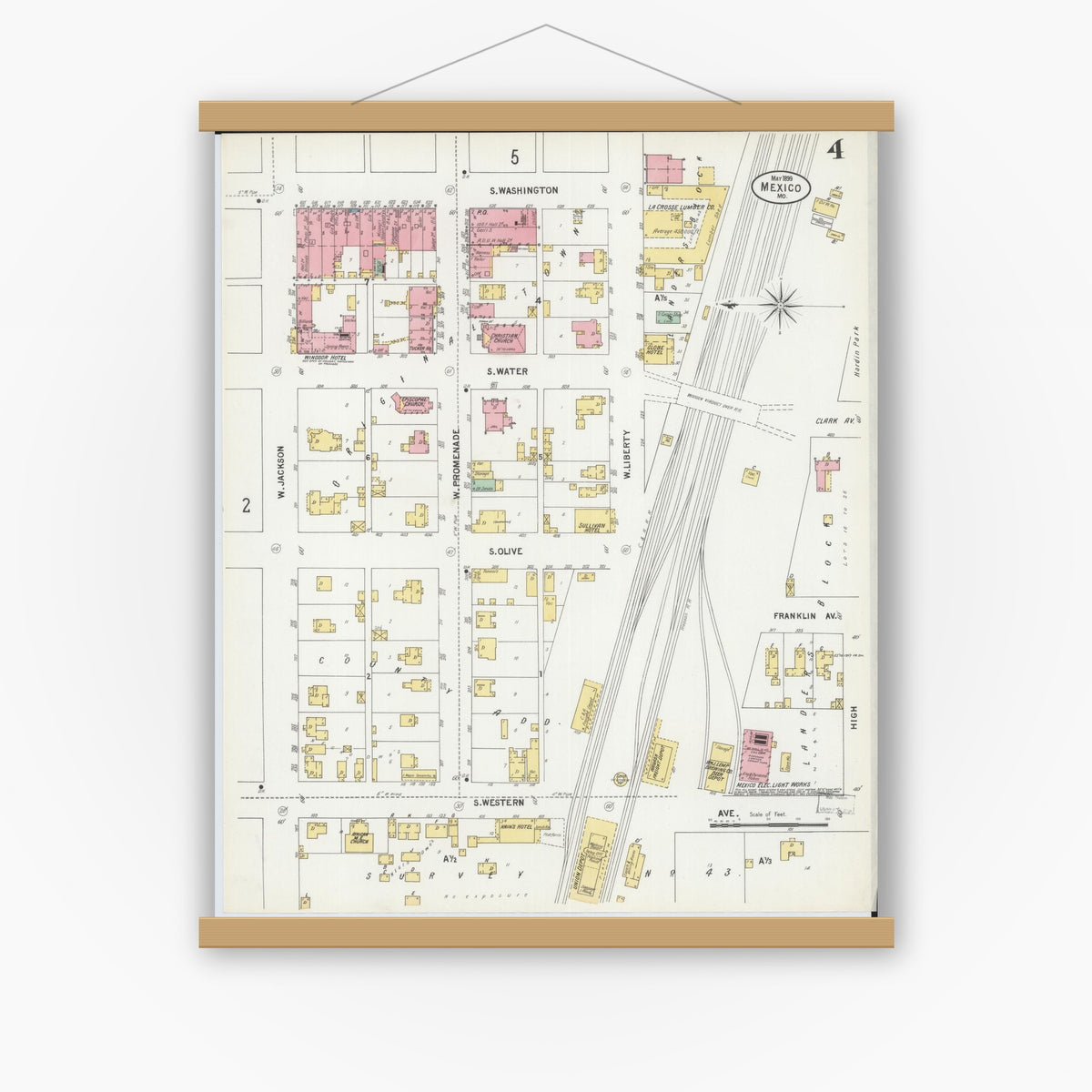 Old map wall art mockup — magnetic wood frame on white wall — Sanborn Fire Insurance Map from Mexico, Audrain County, Missouri (1899), Sheet #0004