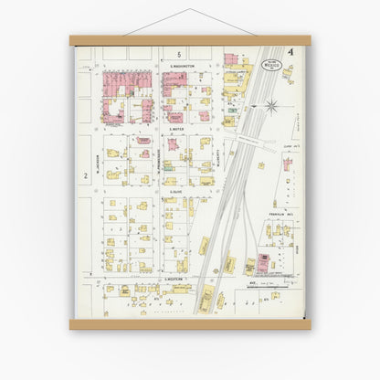 Old map wall art mockup — magnetic wood frame on white wall — Sanborn Fire Insurance Map from Mexico, Audrain County, Missouri (1899), Sheet #0004