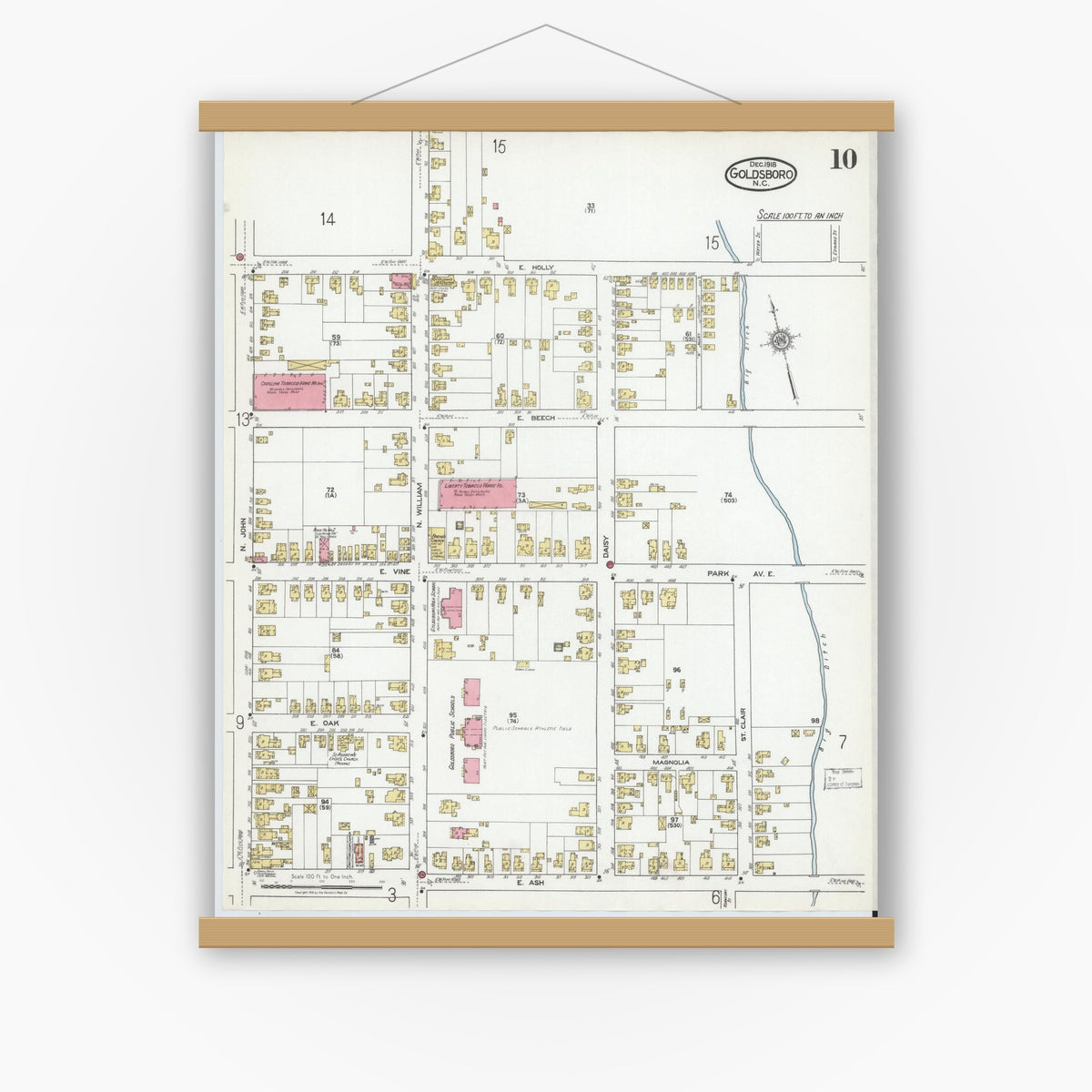 Old map wall art mockup — magnetic wood frame on white wall — Sanborn Fire Insurance Map from Goldsboro, Wayne County, North Carolina (1918), Sheet #0010