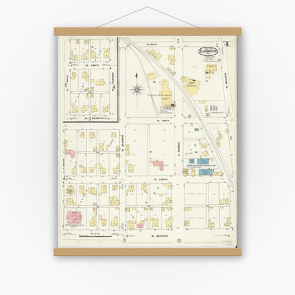 Old map wall art mockup — magnetic wood frame on white wall — Sanborn Fire Insurance Map from Bloomington, Monroe County, Indiana (1907), Sheet #0004