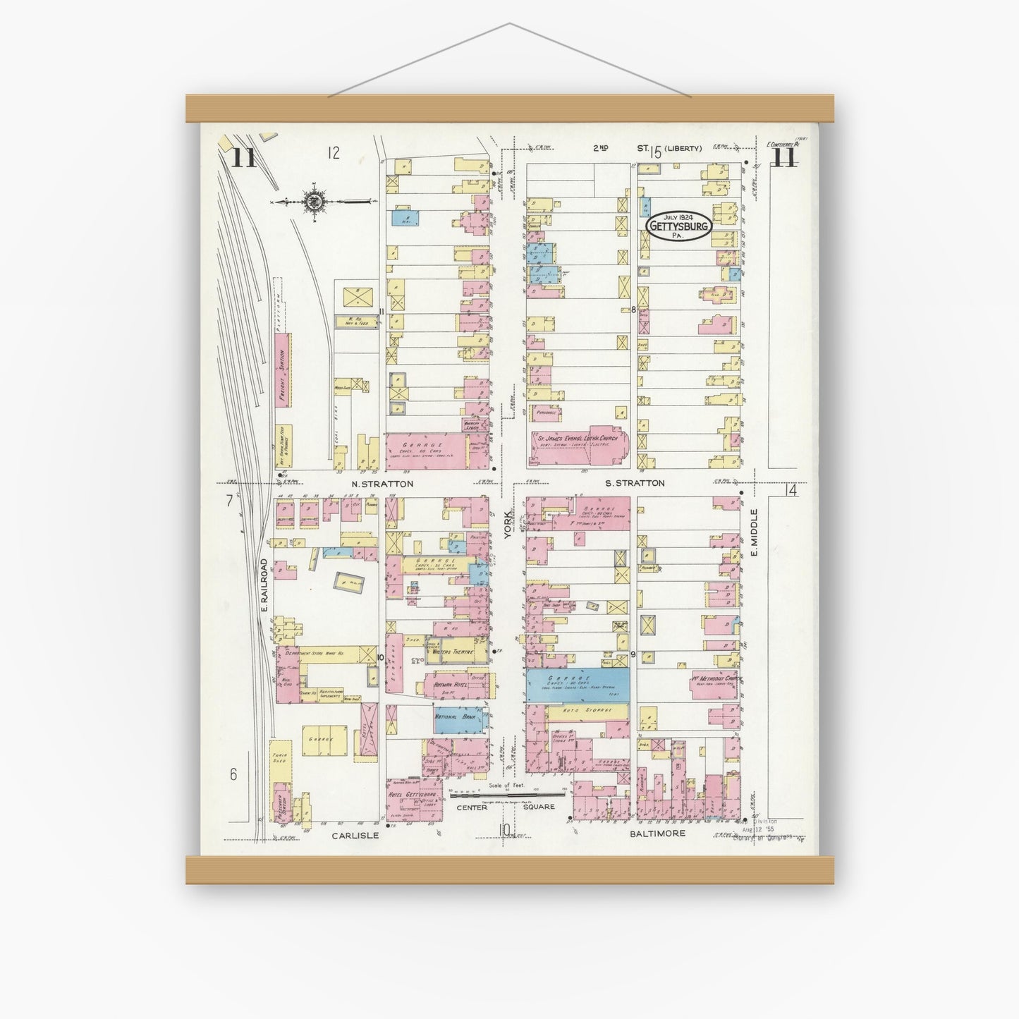 Old map wall art mockup — magnetic wood frame on white wall — Sanborn Fire Insurance Map from Gettysburg, Adams County, Pennsylvania (1924), Sheet #0011