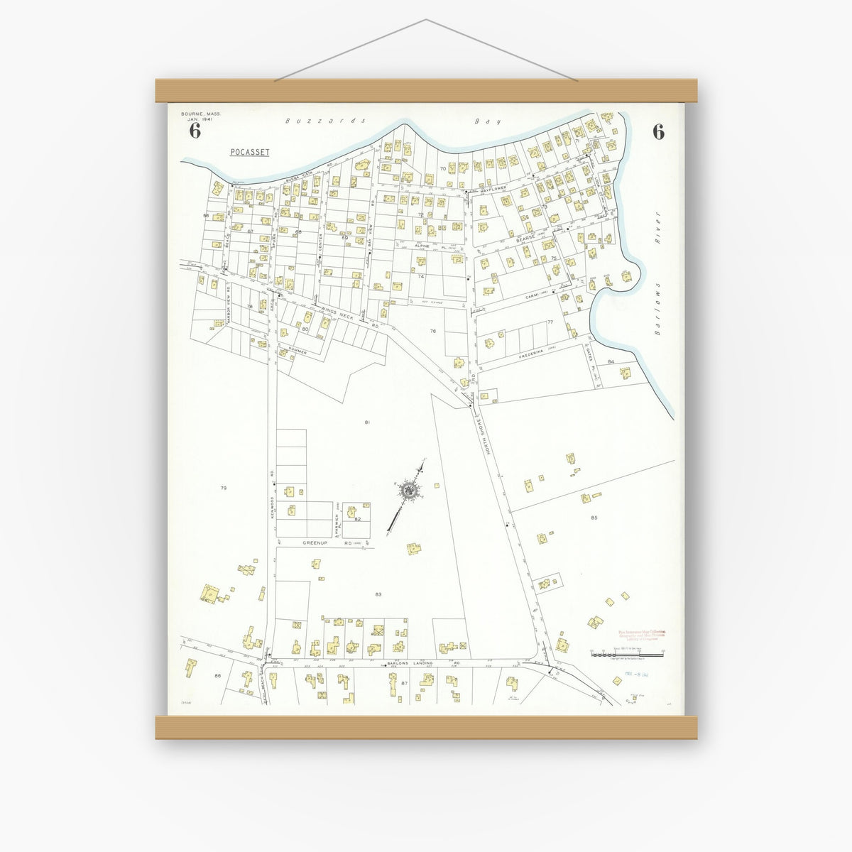 Old map wall art mockup — magnetic wood frame on white wall — Sanborn Fire Insurance Map from Bourne, Barnstable County, Massachusetts (1941), Sheet #0006