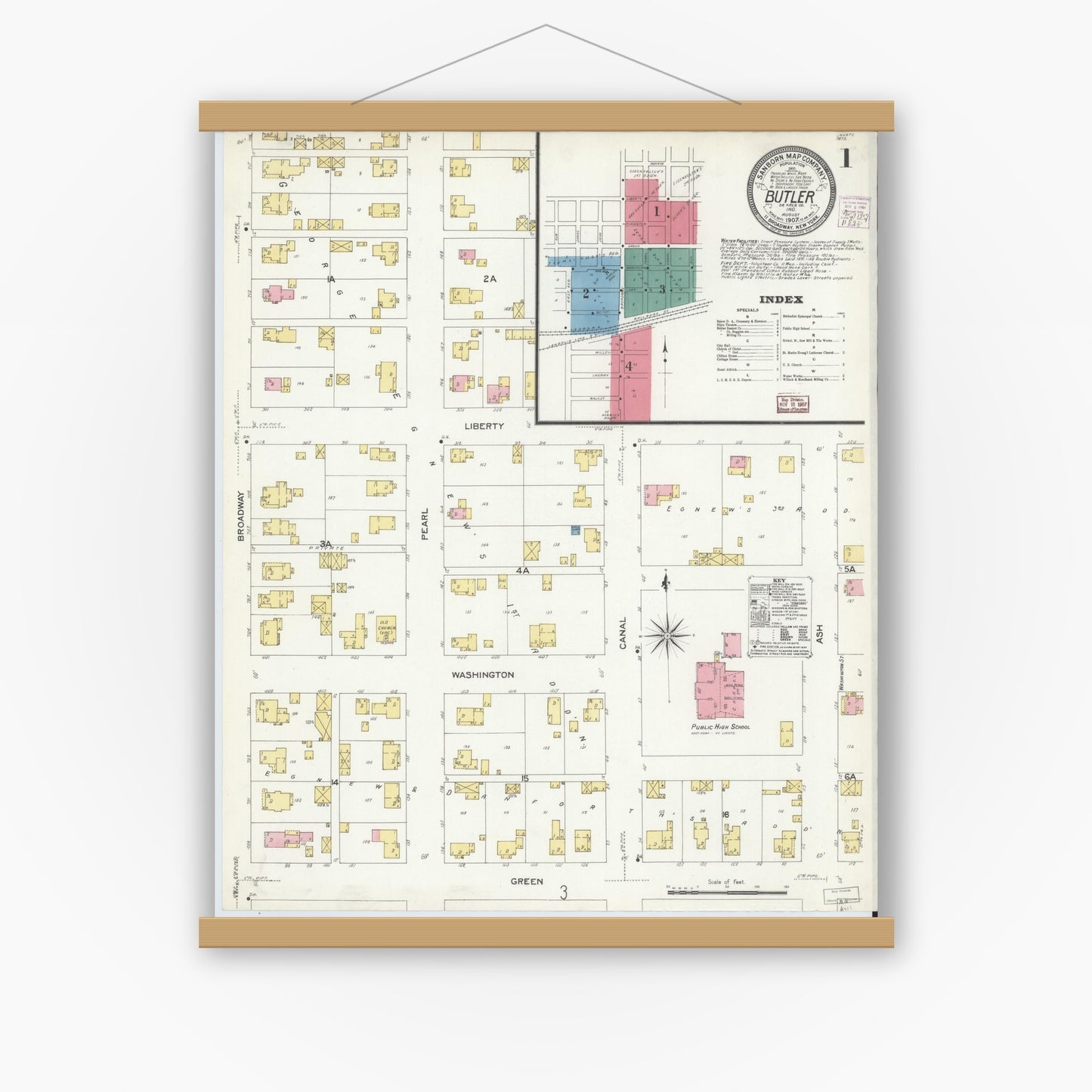 Old map wall art mockup — magnetic wood frame on white wall — Sanborn Fire Insurance Map from Butler, De Kalb County, Indiana (1907) - Complete Map Set