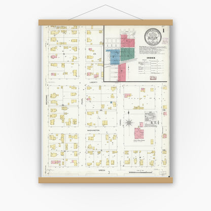 Old map wall art mockup — magnetic wood frame on white wall — Sanborn Fire Insurance Map from Butler, De Kalb County, Indiana (1907) - Complete Map Set
