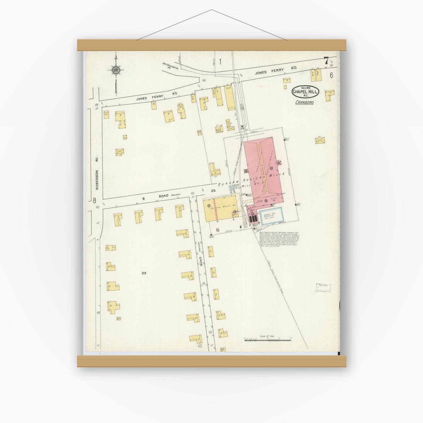 Old map wall art mockup — magnetic wood frame on white wall — Sanborn Fire Insurance Map from Chapel Hill, Orange County, North Carolina (1915), Sheet #0007