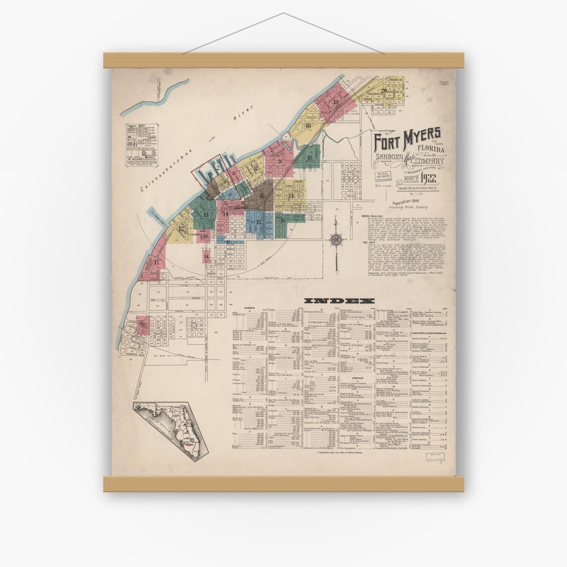 Old map wall art mockup — magnetic wood frame on white wall — Sanborn Fire Insurance Map from Fort Myers, Lee County, Florida (1922) - Complete Map Set