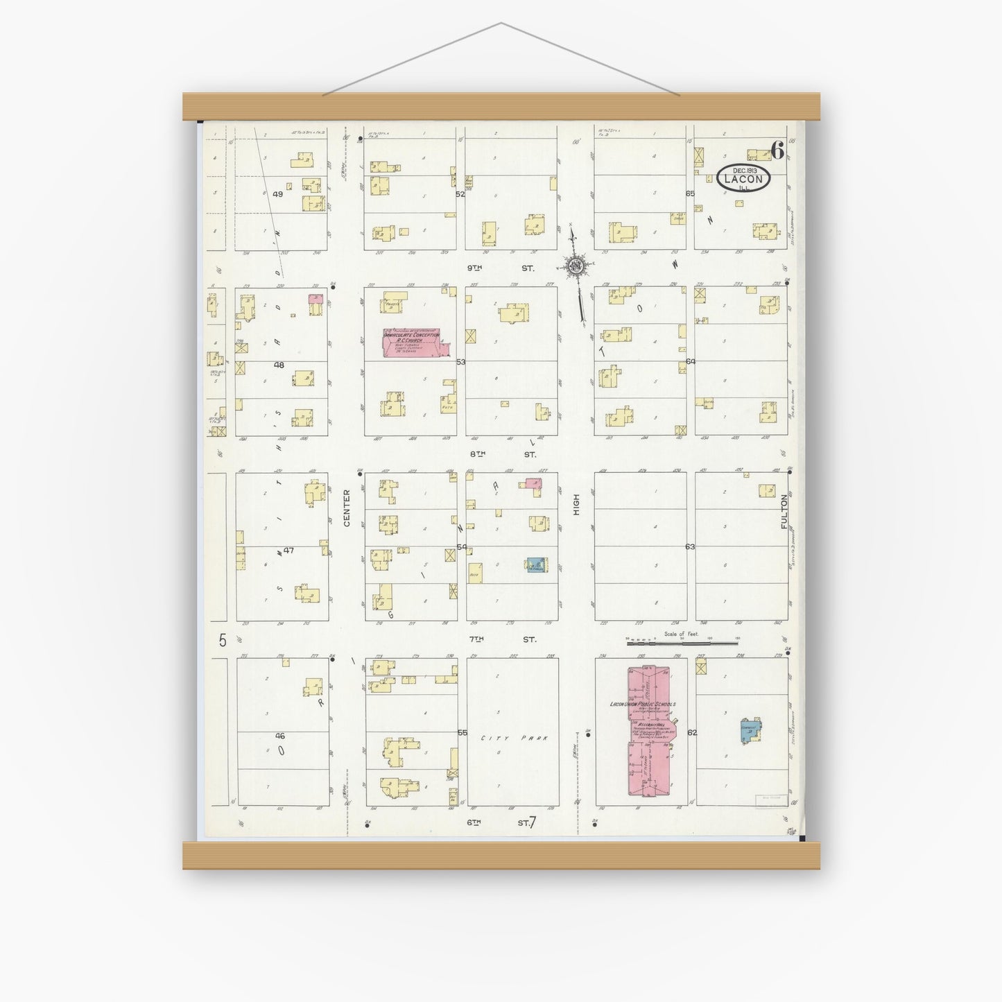 Old map wall art mockup — magnetic wood frame on white wall — Sanborn Fire Insurance Map from Lacon, Marshall County, Illinois (1913), Sheet #0006