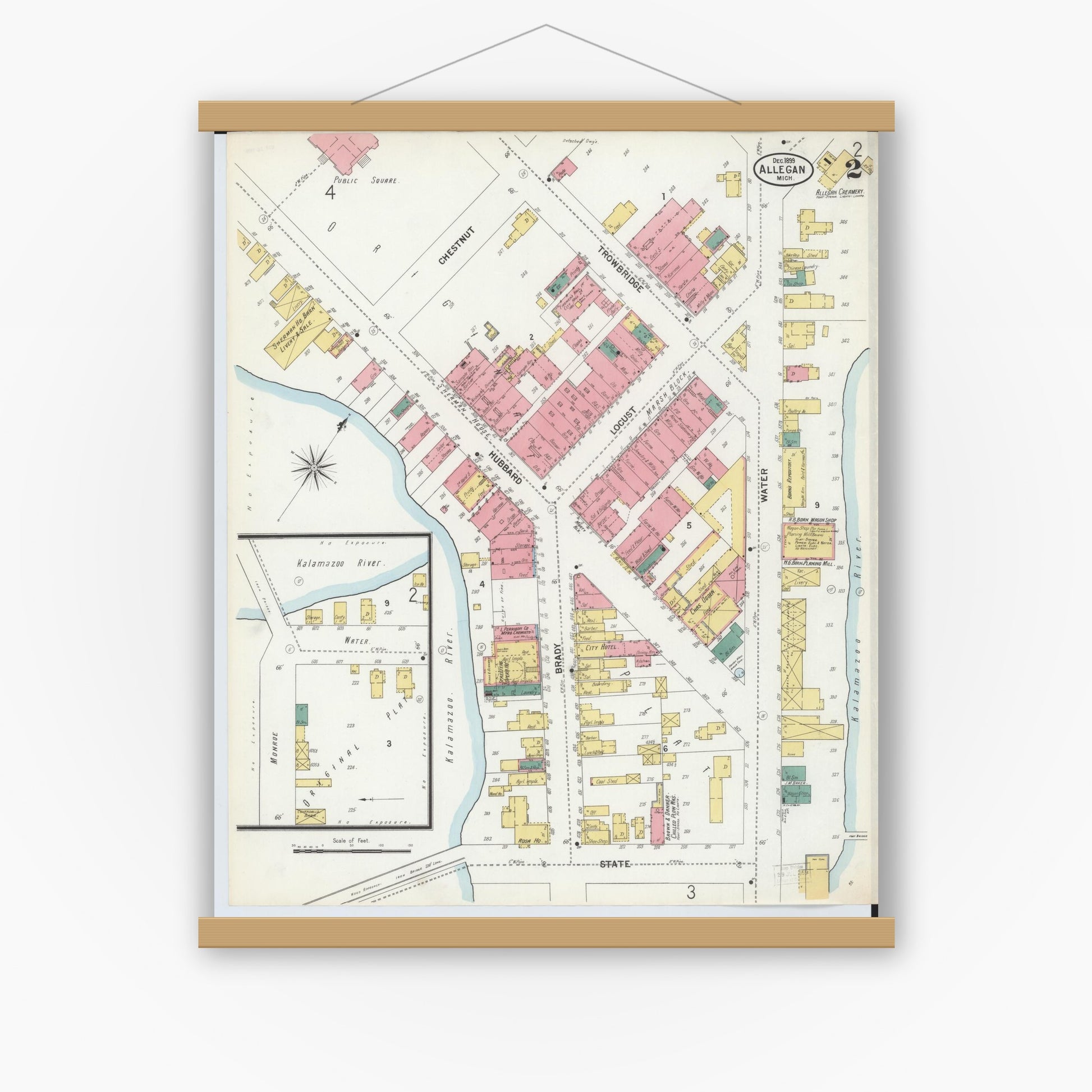 Old map wall art mockup — magnetic wood frame on white wall — Sanborn Fire Insurance Map from Allegan, Allegan County, Michigan (1899), Sheet #0002