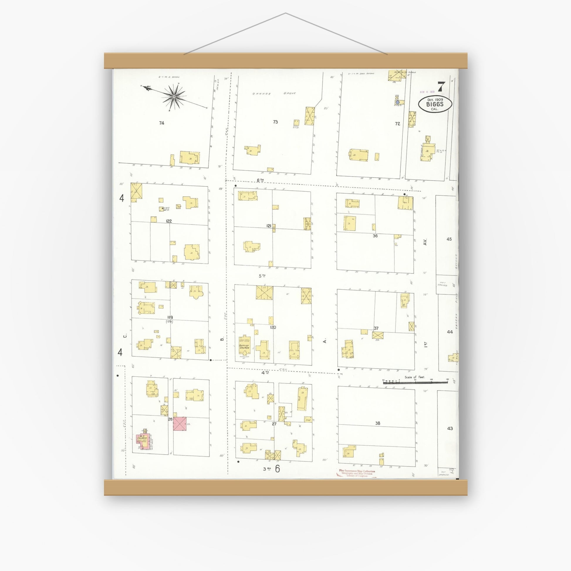 Old map wall art mockup — magnetic wood frame on white wall — Sanborn Fire Insurance Map from Biggs, Butte County, California (1909), Sheet #0007