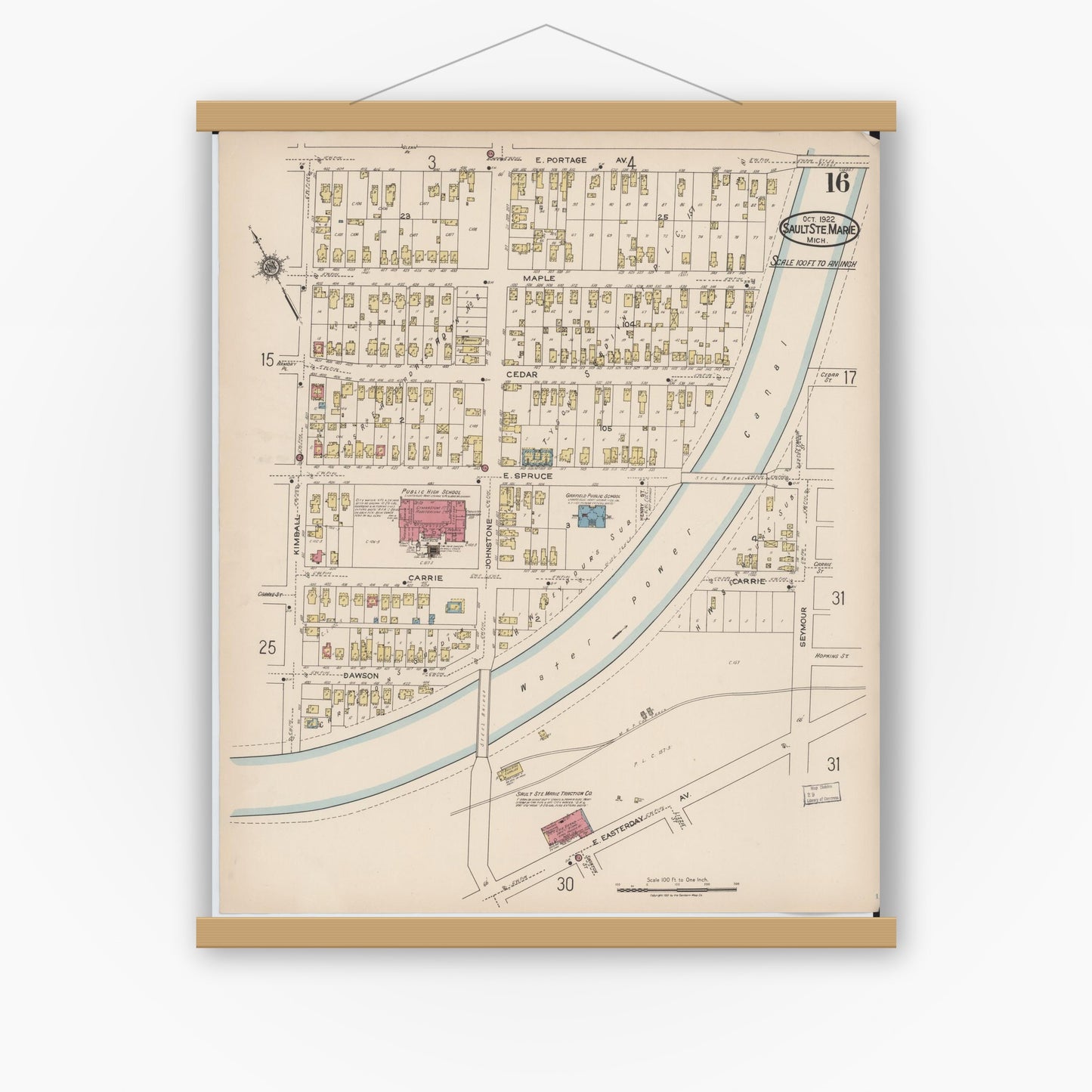 Old map wall art mockup — magnetic wood frame on white wall — Sanborn Fire Insurance Map from Sault Sainte Marie, Chippewa County, Michigan (1922), Sheet #0016