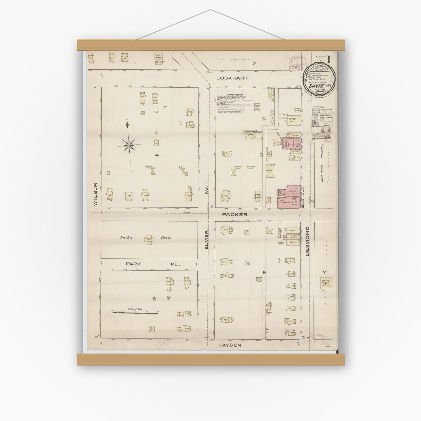 Old map wall art mockup — magnetic wood frame on white wall — Sanborn Fire Insurance Map from Sayre, Bradford County, Pennsylvania (1885) - Complete Map Set