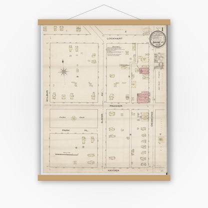 Old map wall art mockup — magnetic wood frame on white wall — Sanborn Fire Insurance Map from Sayre, Bradford County, Pennsylvania (1885) - Complete Map Set