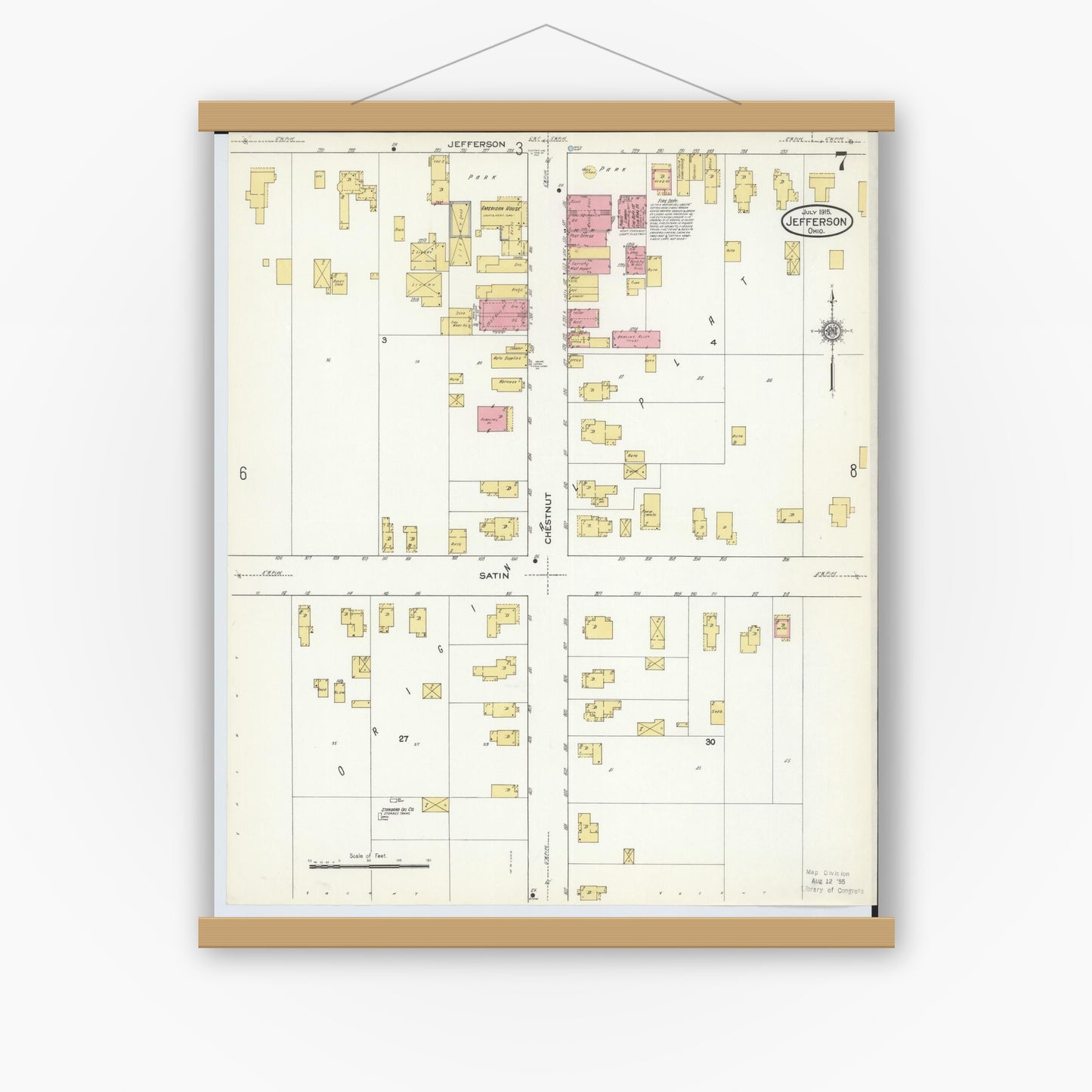 Old map wall art mockup — magnetic wood frame on white wall — Sanborn Fire Insurance Map from Jefferson, Ashtabula County, Ohio (1915), Sheet #0007