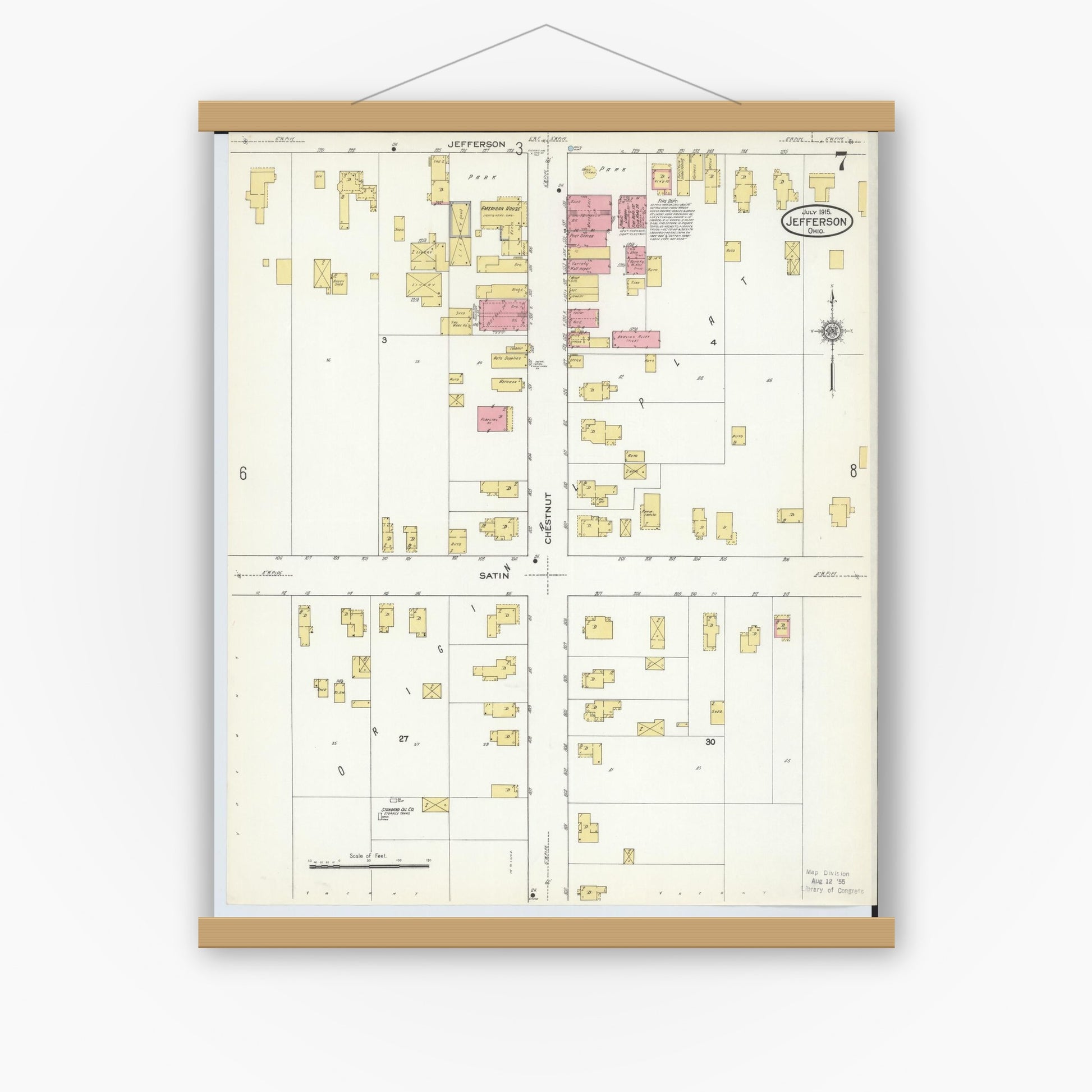 Old map wall art mockup — magnetic wood frame on white wall — Sanborn Fire Insurance Map from Jefferson, Ashtabula County, Ohio (1915), Sheet #0007