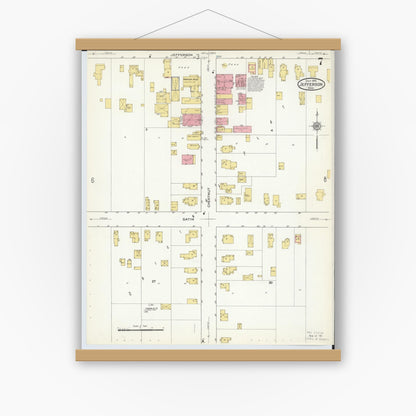 Old map wall art mockup — magnetic wood frame on white wall — Sanborn Fire Insurance Map from Jefferson, Ashtabula County, Ohio (1915), Sheet #0007