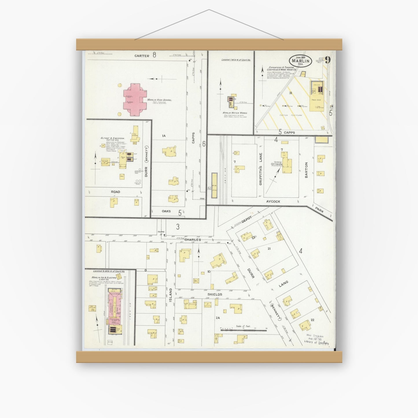 Old map wall art mockup — magnetic wood frame on white wall — Sanborn Fire Insurance Map from Marlin, Falls County, Texas (1909), Sheet #0009