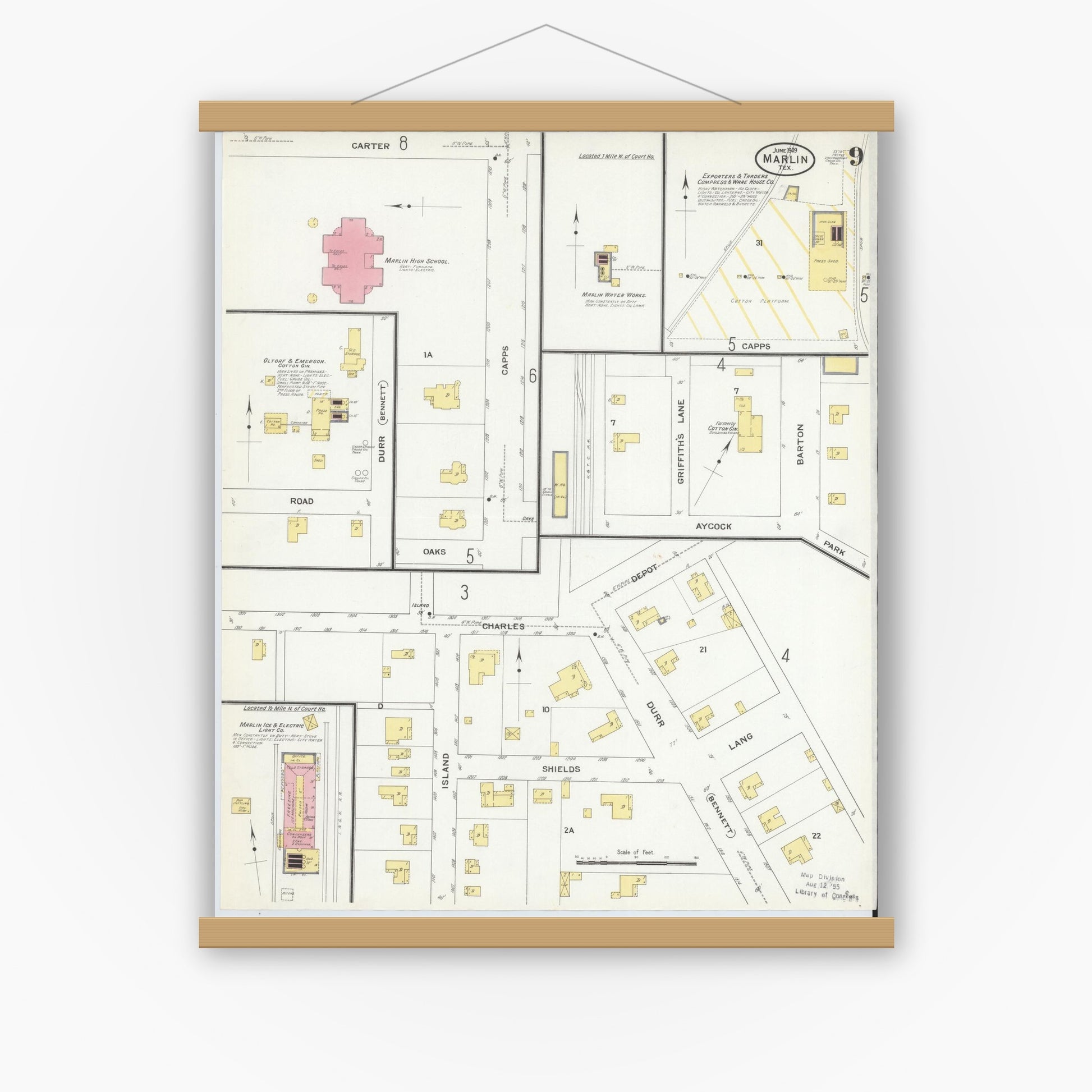 Old map wall art mockup — magnetic wood frame on white wall — Sanborn Fire Insurance Map from Marlin, Falls County, Texas (1909), Sheet #0009