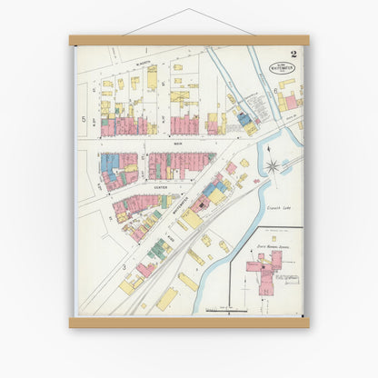 Old map wall art mockup — magnetic wood frame on white wall — Sanborn Fire Insurance Map from Whitewater, Walworth County, Wisconsin (1898), Sheet #0002