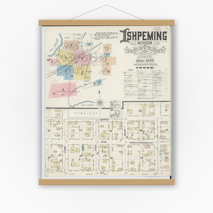 Old map wall art mockup — magnetic wood frame on white wall — Sanborn Fire Insurance Map from Ishpeming, Marquette County, Michigan (1888) - Complete Map Set