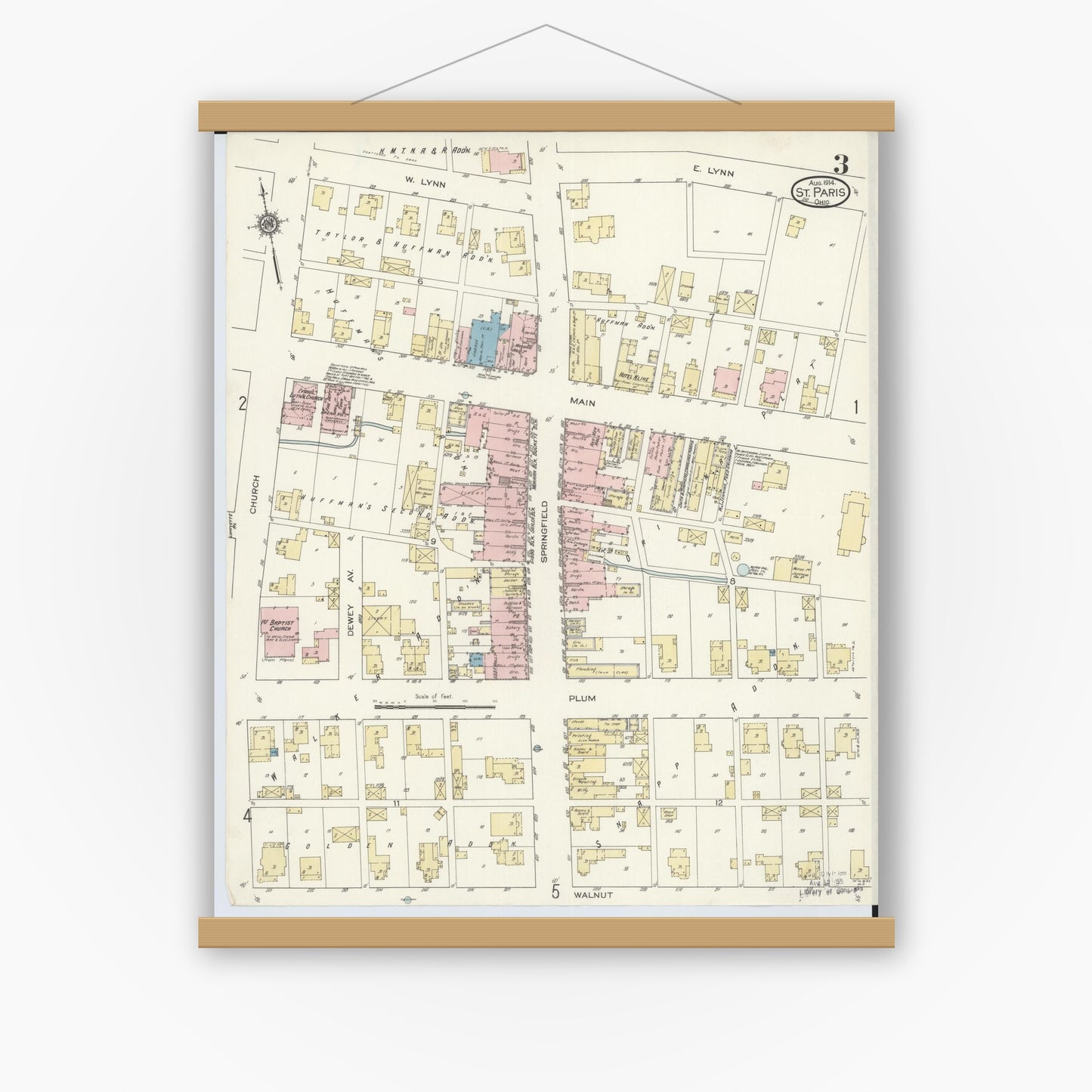 Old map wall art mockup — magnetic wood frame on white wall — Sanborn Fire Insurance Map from Saint Paris, Champaign County, Ohio (1914), Sheet #0003