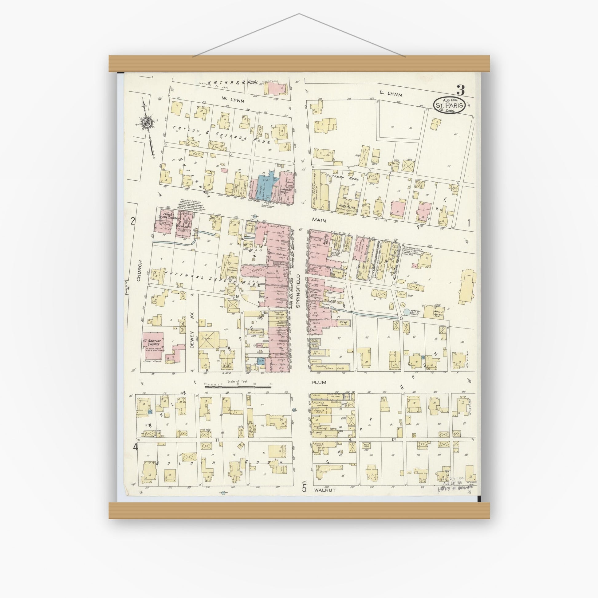 Old map wall art mockup — magnetic wood frame on white wall — Sanborn Fire Insurance Map from Saint Paris, Champaign County, Ohio (1914), Sheet #0003